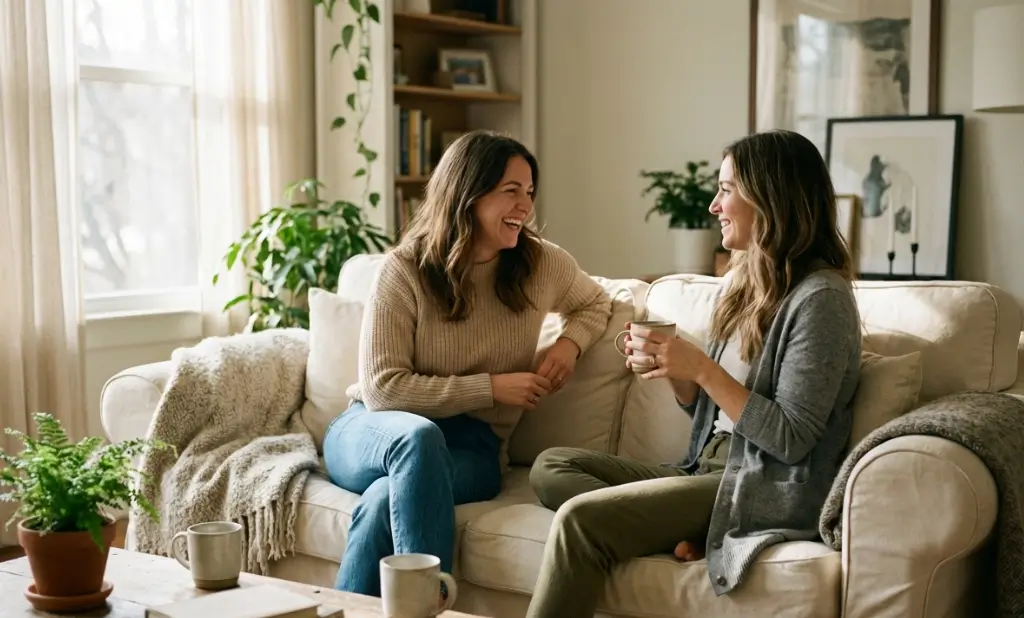 Two Women Sitting on a Couch: Authentic Lifestyle Photo